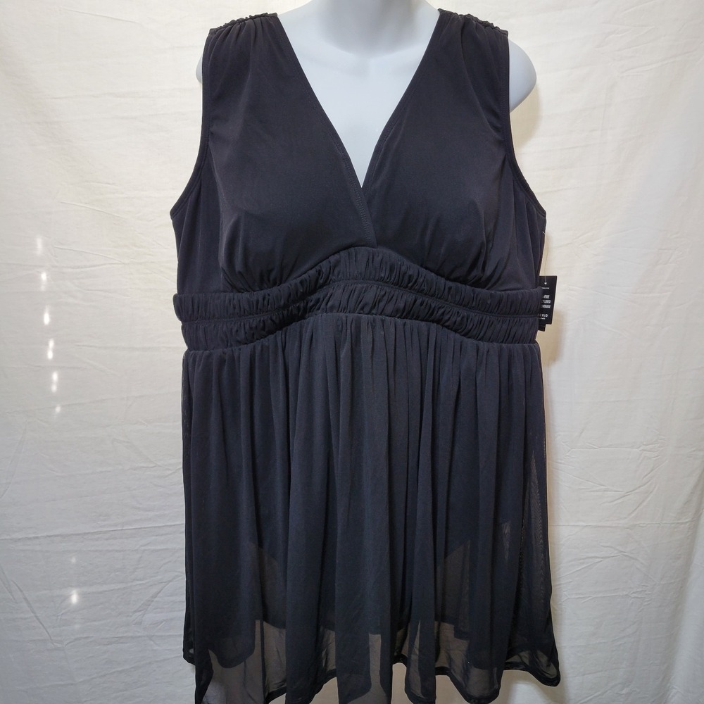 Torrid Plus Size 3 Wireless Cinch Sleeve Mesh Swim Dress Deep Black NWT